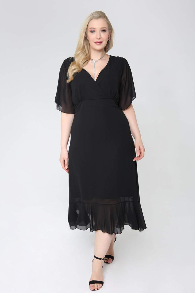 Women's Oversize Wrap Collar Black Chiffon Dress