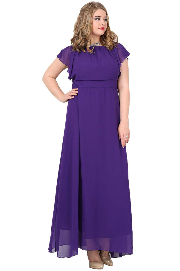 Women's Oversize Chiffon Detail Purple Evening Dress