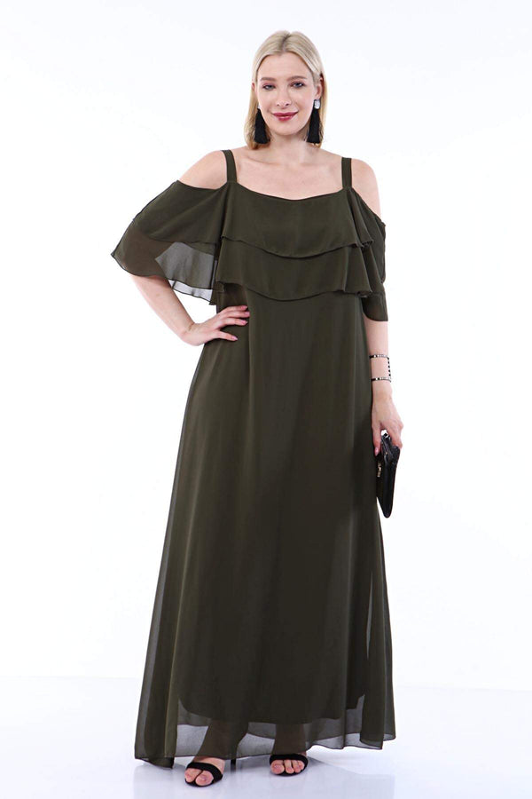 Women's Oversize Strappy Khaki Chiffon Long Dress