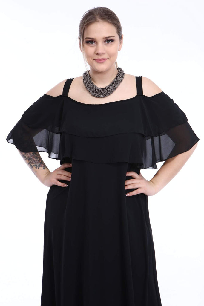 Women's Oversize Strappy Black Chiffon Evening Dress