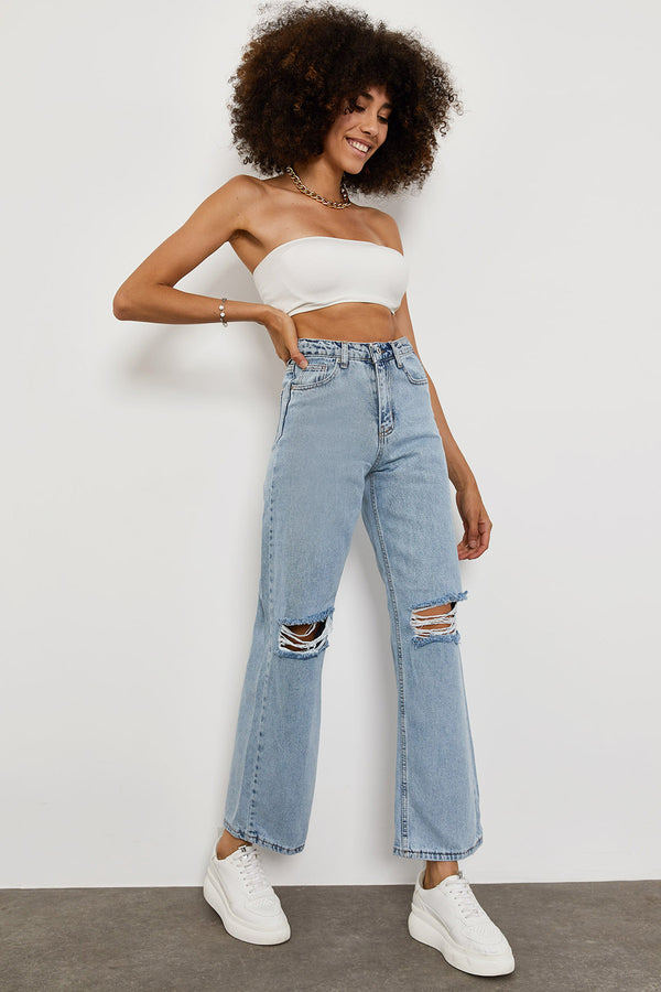 Women's High Waist Ripped Ice Blue Pants