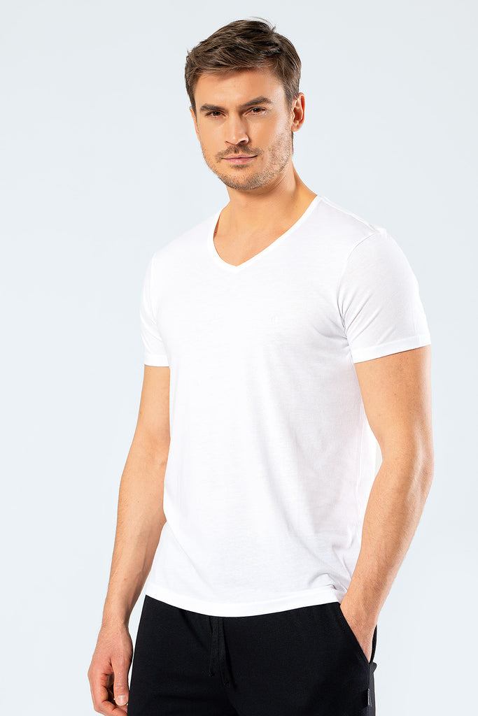 Men's V Neck White Modal T-shirt