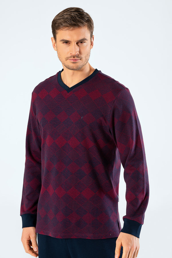 Men's Claret Red Jacquard Pajama Set