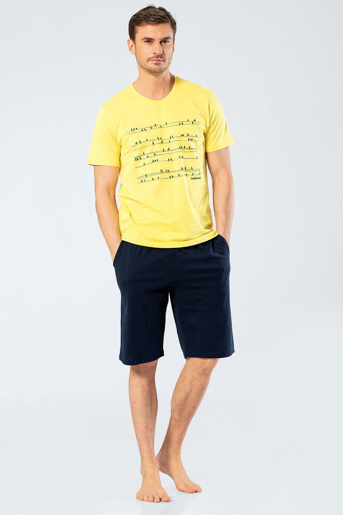 Men's Printed Yellow Shorts Pajama Set