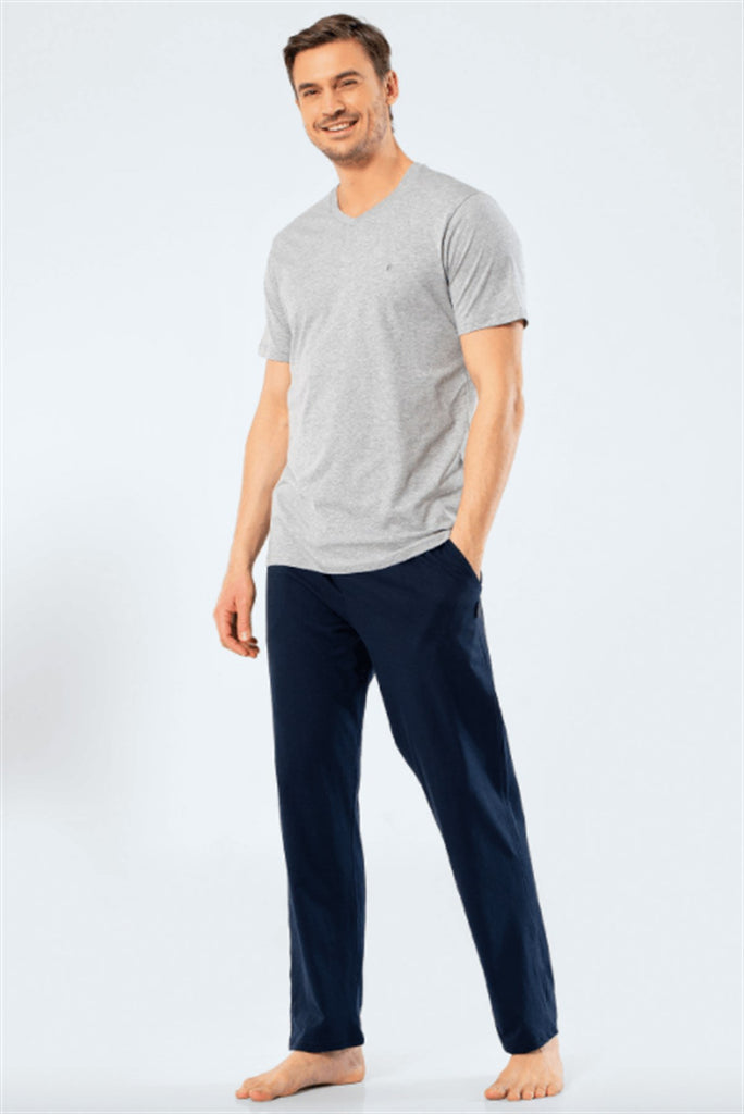 Men's Embroidered Grey Melange Pajama Set