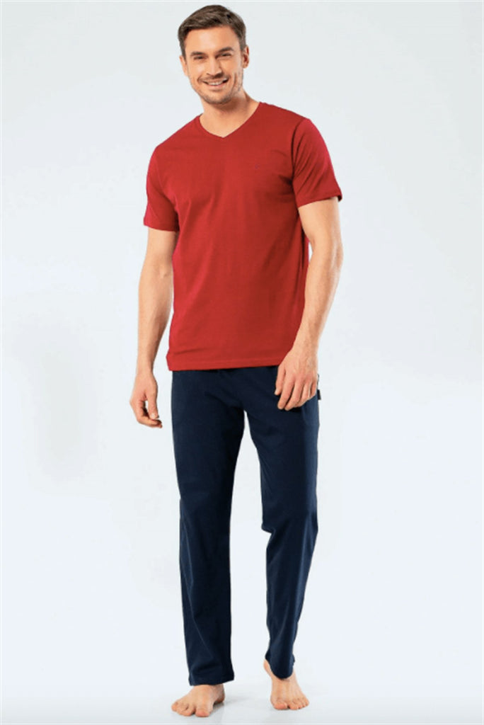 Men's Embroidered Claret Red Pajama Set