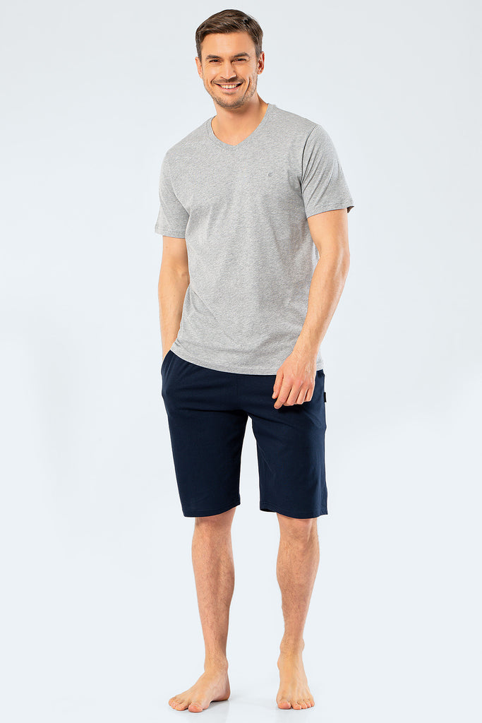 Men's Embroidered Grey Melange Shorts & T-shirt Set