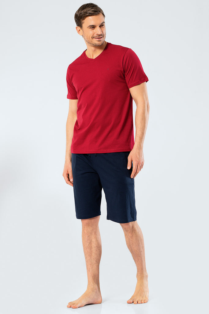 Men's Embroidered Claret Red Shorts & T-shirt Set