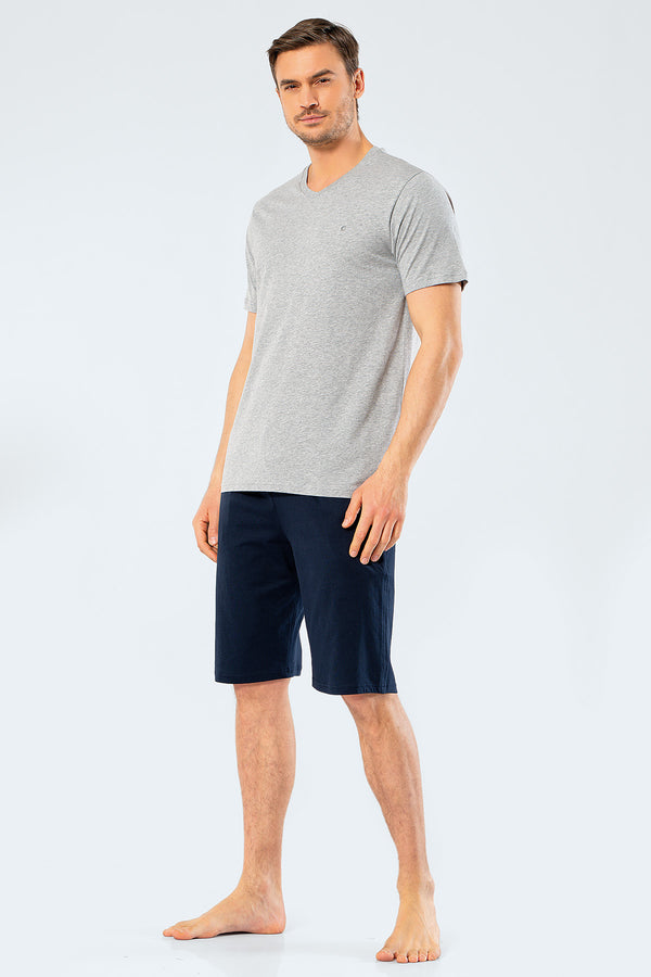 Men's Embroidered Grey Melange Shorts & T-shirt Set
