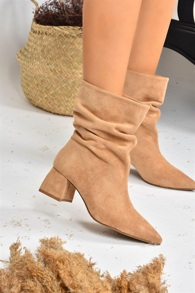Women's Camel Suede Low Heeled Boots