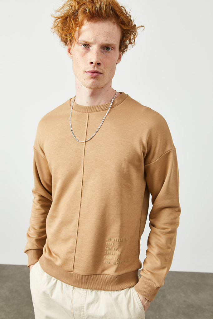 Men's Text Detail Camel Sweatshirt