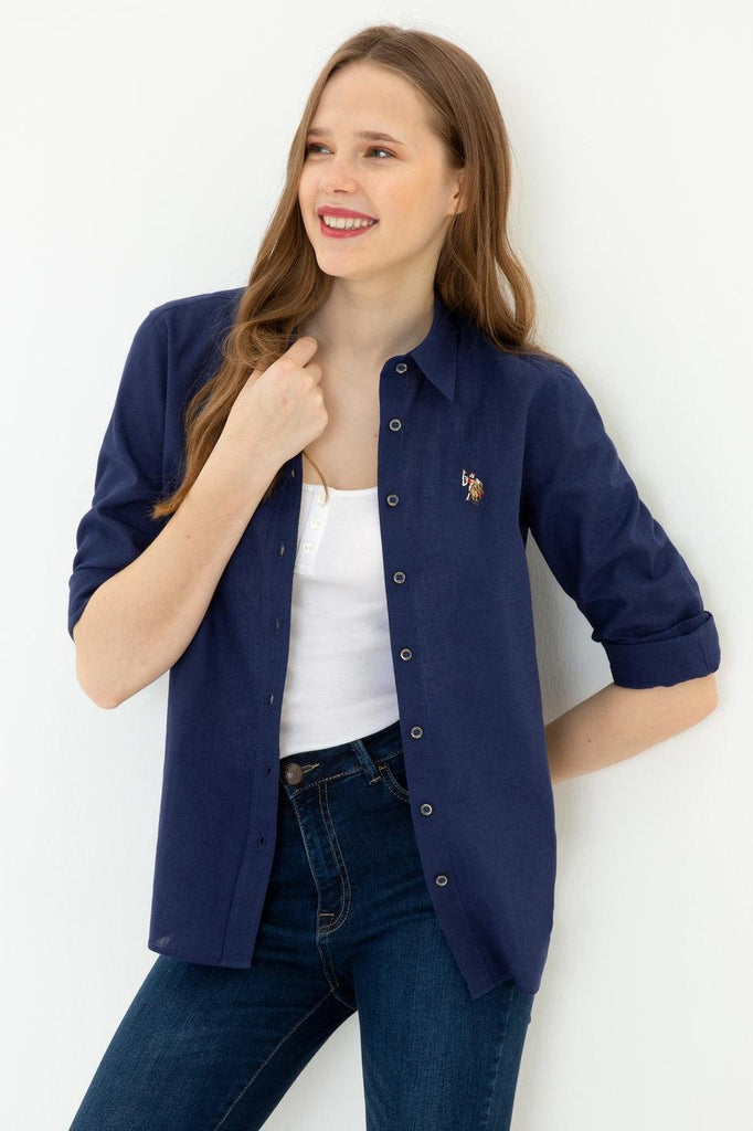 Women's Long Sleeves Basic Navy Blue Shirt