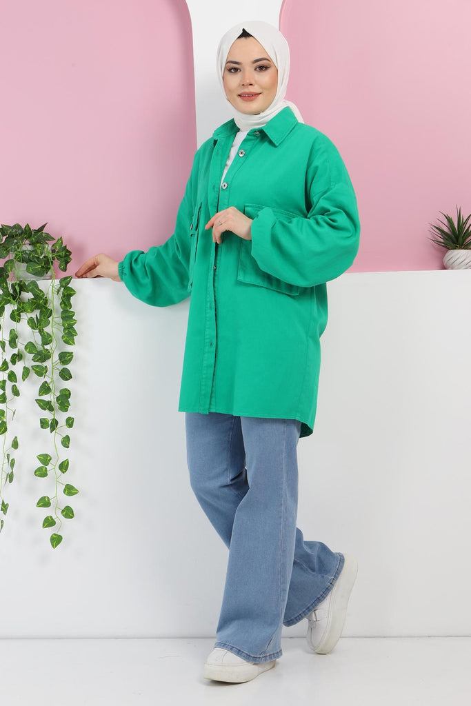 Women's Pocket Green Denim Shirt Jacket