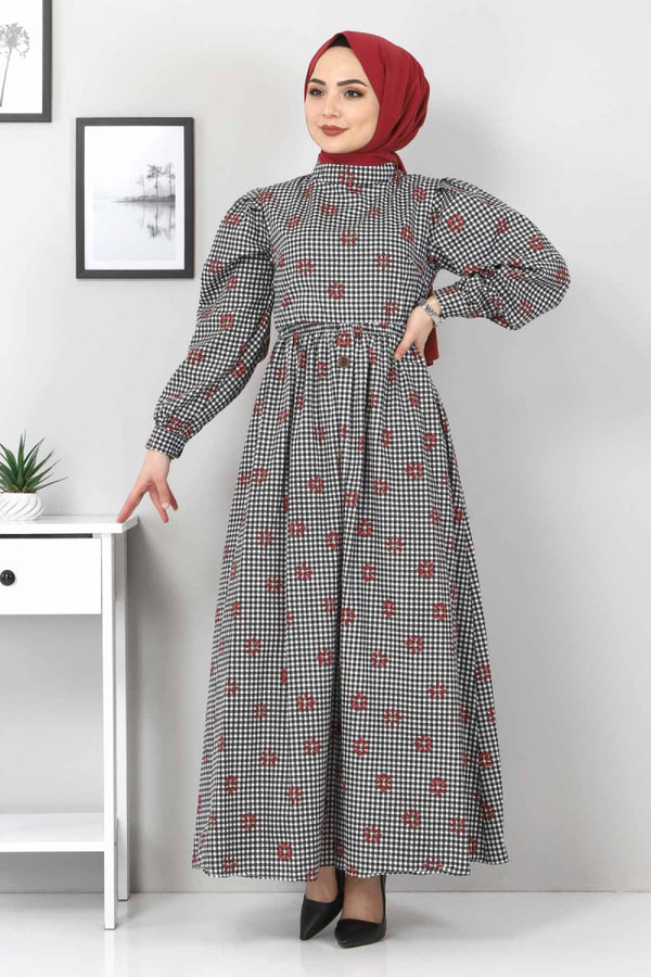 Women's Floral Pattern Checkered Black Dress