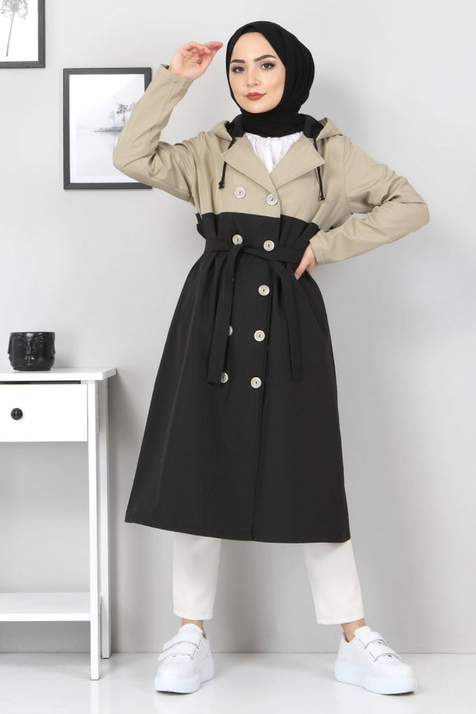 Women's Hooded Button Beige Color Block Trenchcoat
