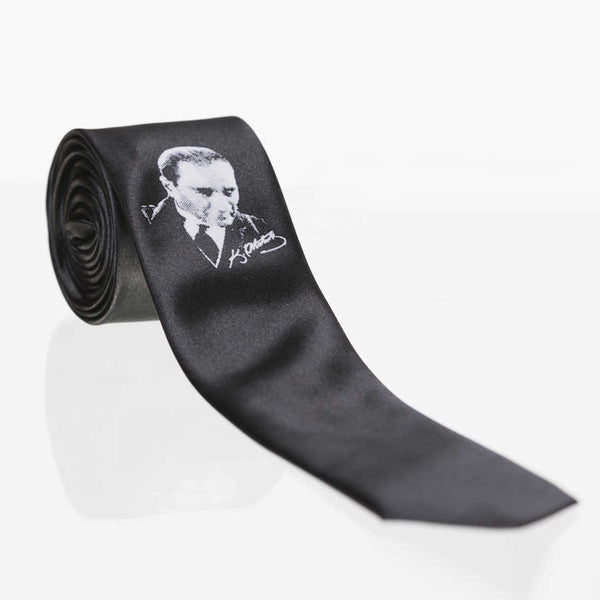 Boy's Atatürk Signature Printed Black Satin Tie
