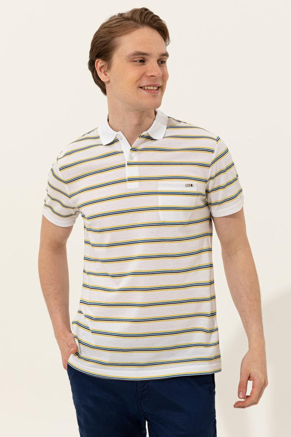 Men's Polo Collar Striped White T-shirt