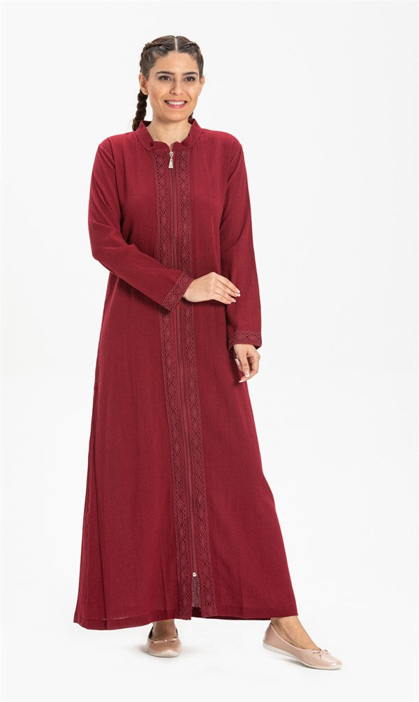Women's Lace Detail Claret Red Full Coat