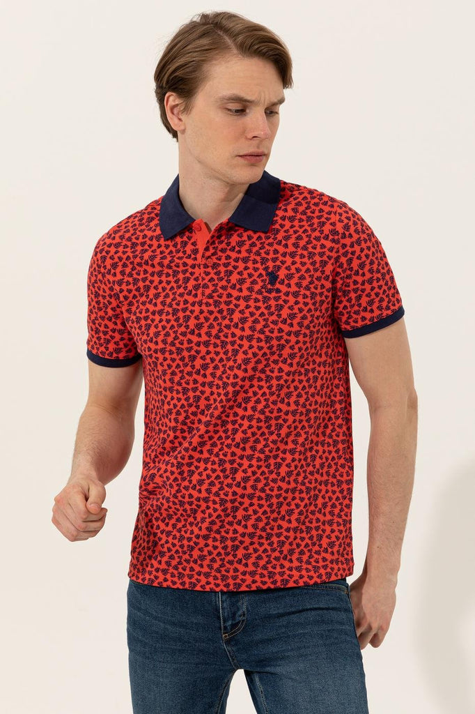 Men's Polo Collar Patterned Red T-shirt