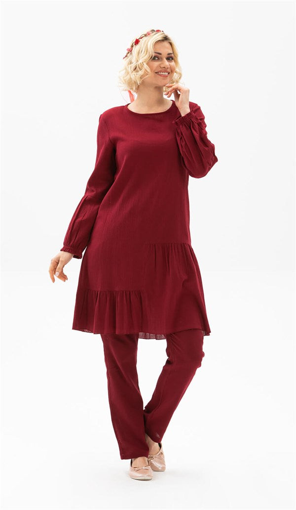 Women's Claret Red Gauze Tunic & Pants Set
