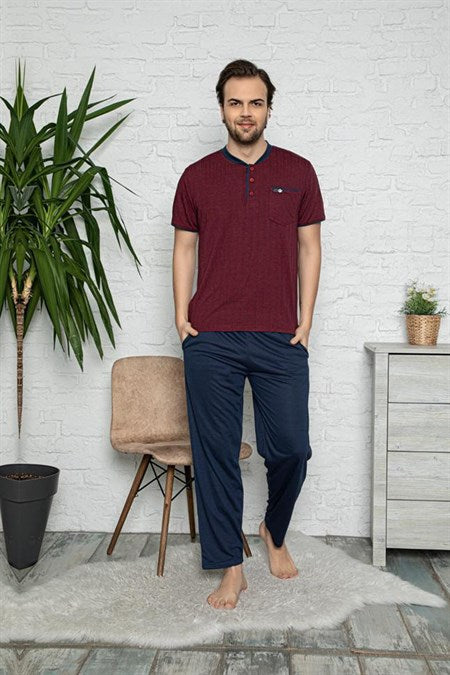 Men's Short Sleeves Claret Red Jacquard Pajama Set