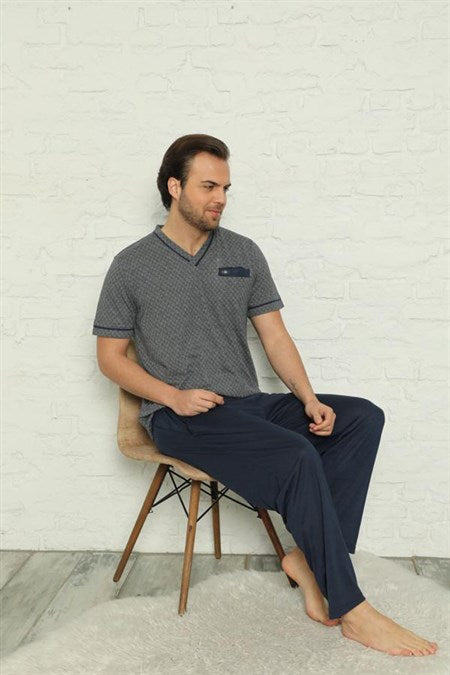 Men's Short Sleeves Navy Blue Jacquard Pajama Set