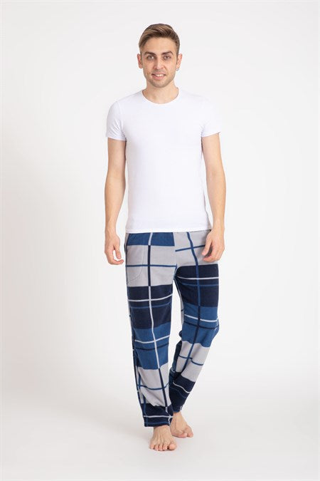 Men's Checkered Navy Blue Polar Fleece Pajama Pants