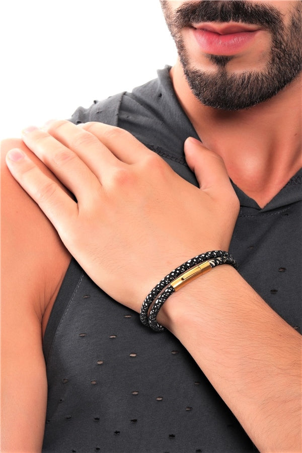 Men's Gold Steel Clasp Leather Twirl Bracelet