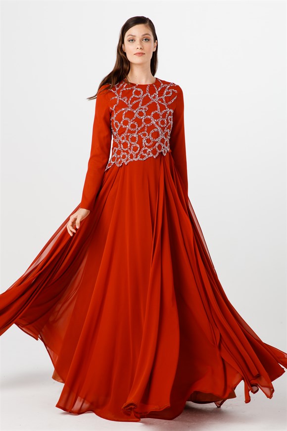 Women's Gemmed Copper Chiffon Evening Dress
