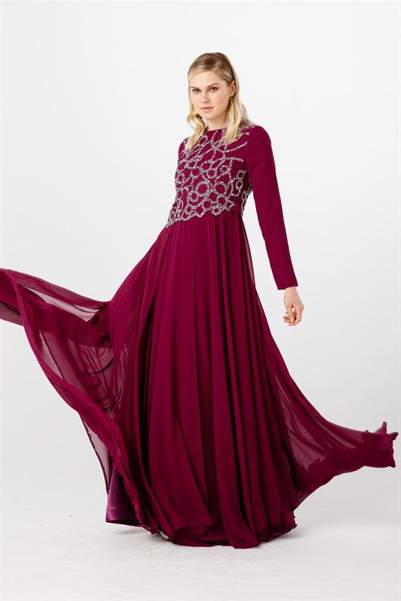 Women's Gemmed Damson Chiffon Evening Dress