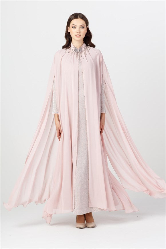 Women's Gemmed Collar Chiffon Cape Detail Powder Rose Evening Dress