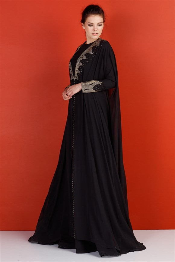 Women's Patterned Chiffon Black Evening Dress