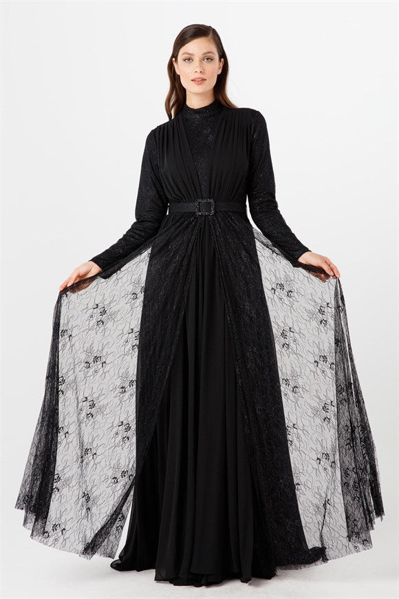 Women's Gem Buckle Belted Black Lace Chiffon Evening Dress