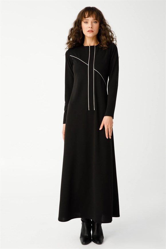 Women's Leather Detail Black Long Dress