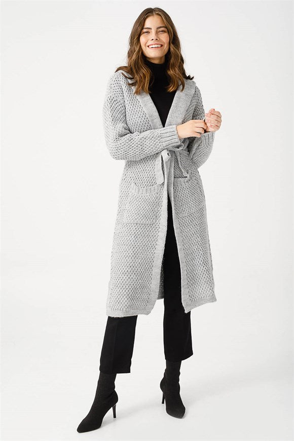 Women's Belted Pocket Grey Cardigan