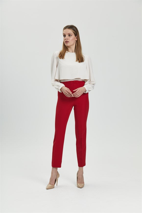 Women's Elastic Waist Side Zipped Red Pants