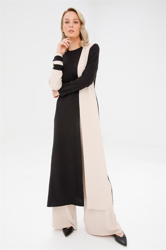 Women's Black Color Block Long Tunic & Pants Set
