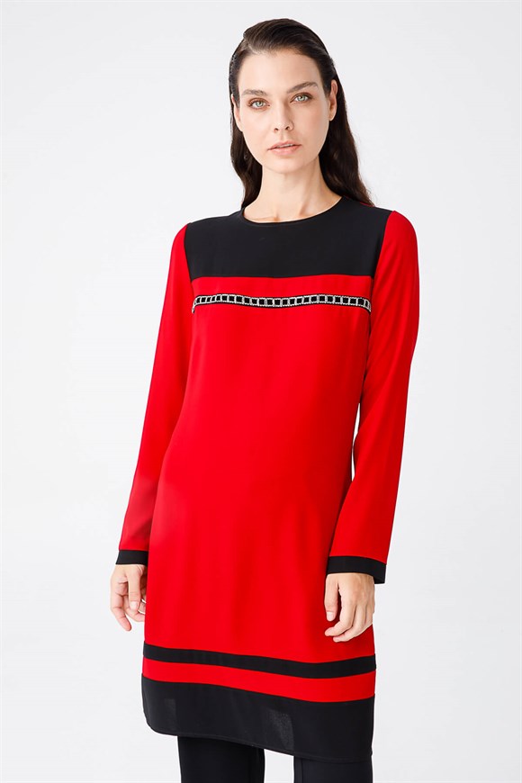 Women's Chain Detail Red Tunic & Pants Set