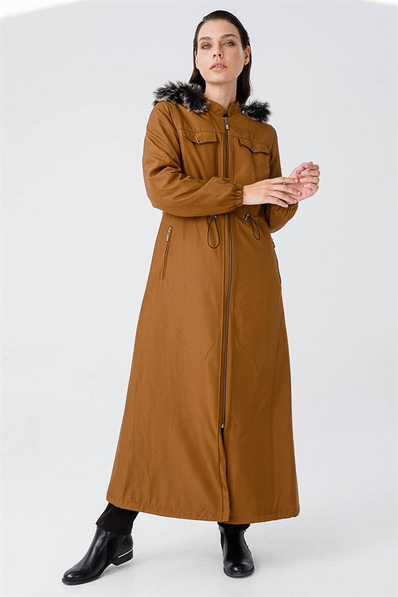 Women's Inner Fur Shirred Waist Fancy Pocket Ginger Parka