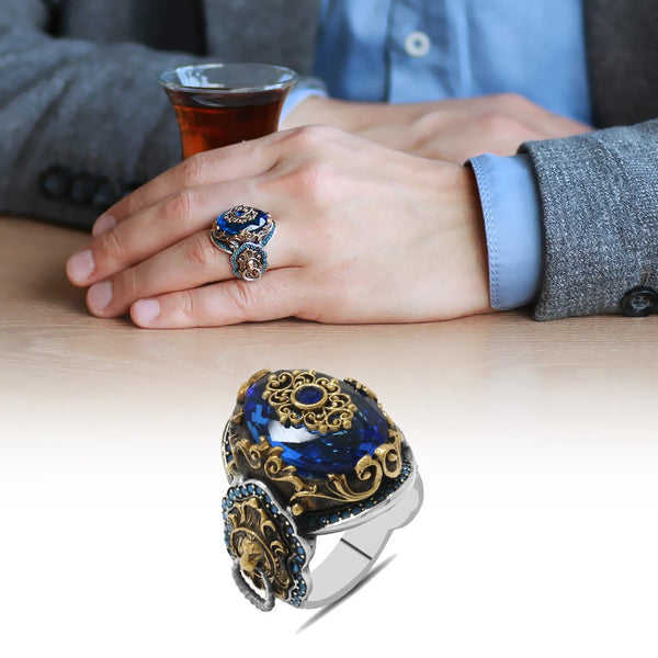 Men's Aqua Zircon Gemmed 925 Carat Silver Ring