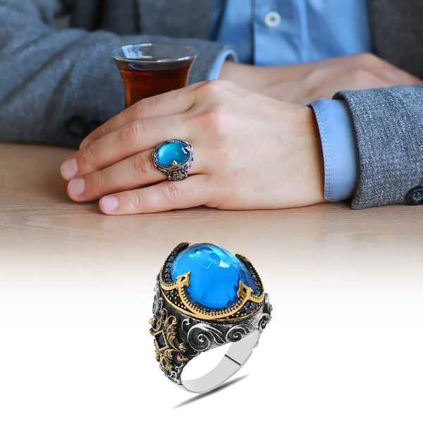 Men's Aqua Zircon Gemmed 925 Carat Silver Ring