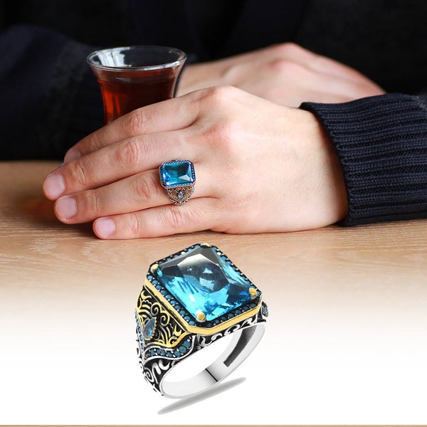 Men's Aqua Zircon Gemmed 925 Carat Silver Ring
