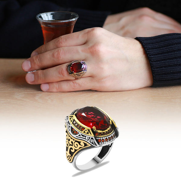 Men's Red Zircon Gemmed 925 Carat Silver Ring
