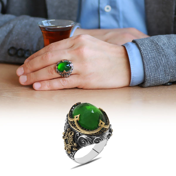 Men's Green Zircon Gemmed 925 Carat Silver Ring