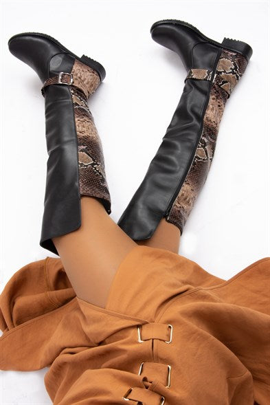 Women's Snake Pattern Black - Mink Long Boots
