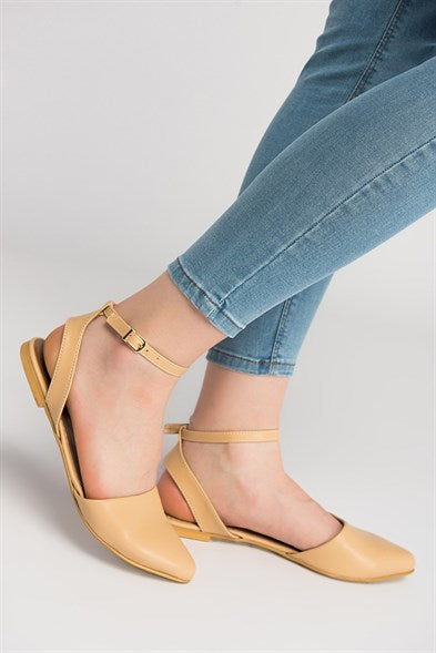 Women's Ankle Strap Tan Flat Shoes