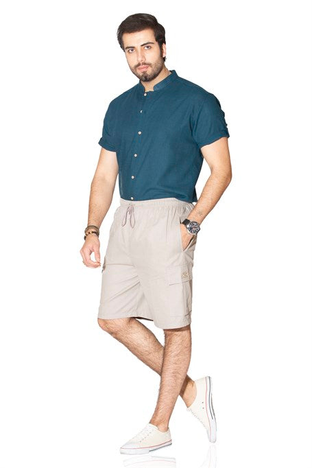 Men's Elastic Waist Beige Gabardine Shorts