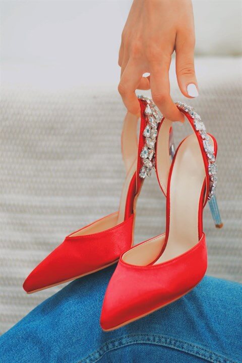 Women's Red Satin Heeled Shoes