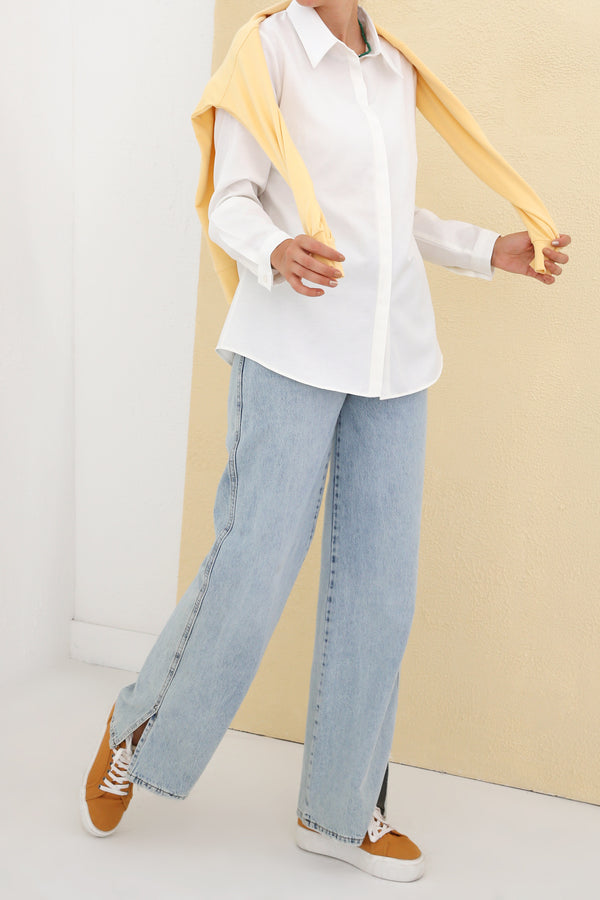 Women's Hidden Button Ecru Shirt