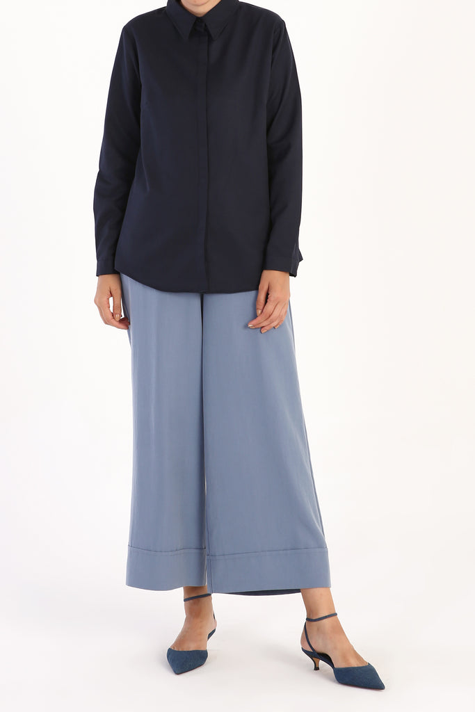 Women's Hidden Button Navy Blue Shirt